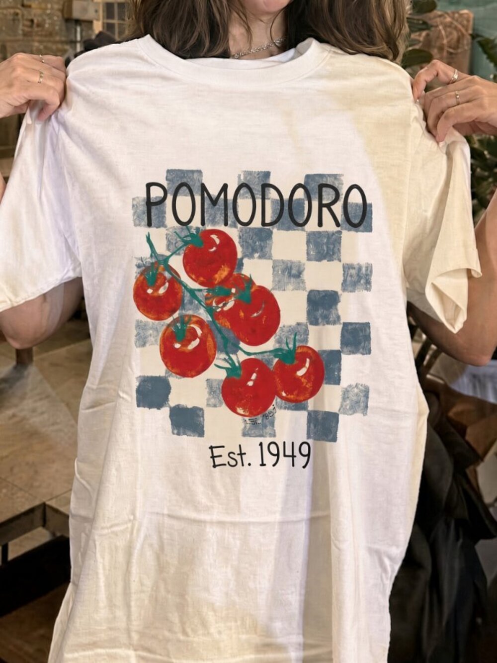 Pomodoro Tomato Graphic Tee Italian Kitchen Checkered Vintage Style Shirt White